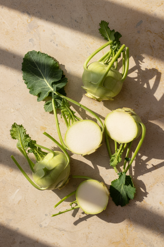 Premium kohlrabi with top-angle side view