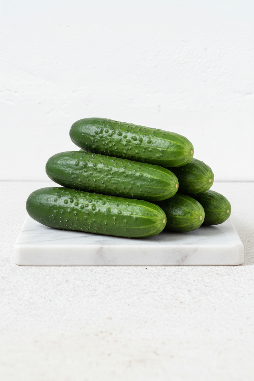 Cucumbers on stone pedestal with white background
