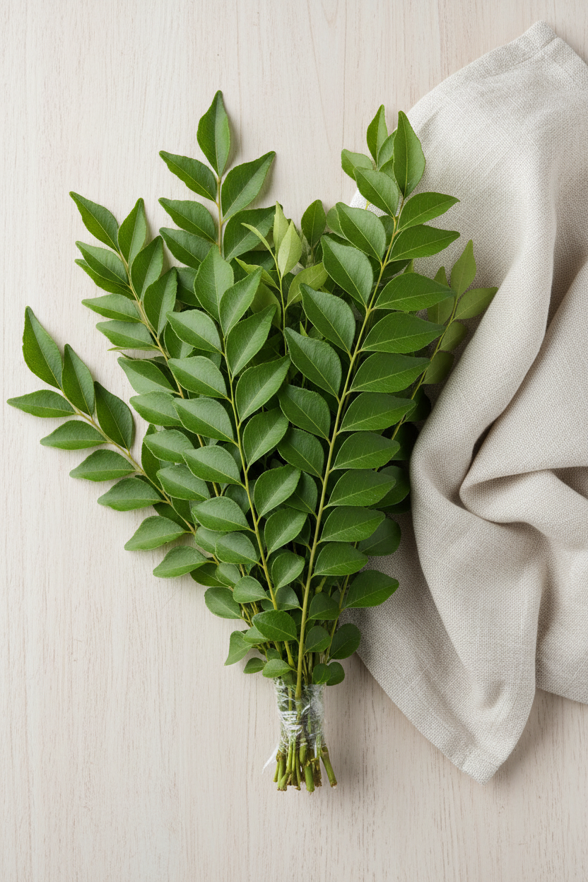 Curry leaves with modern towel cloth