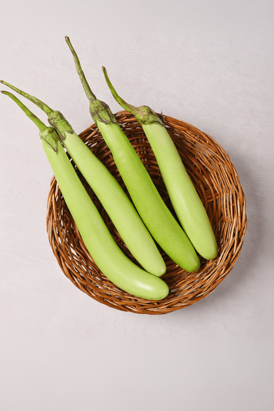Eggplants in basket zoomed out