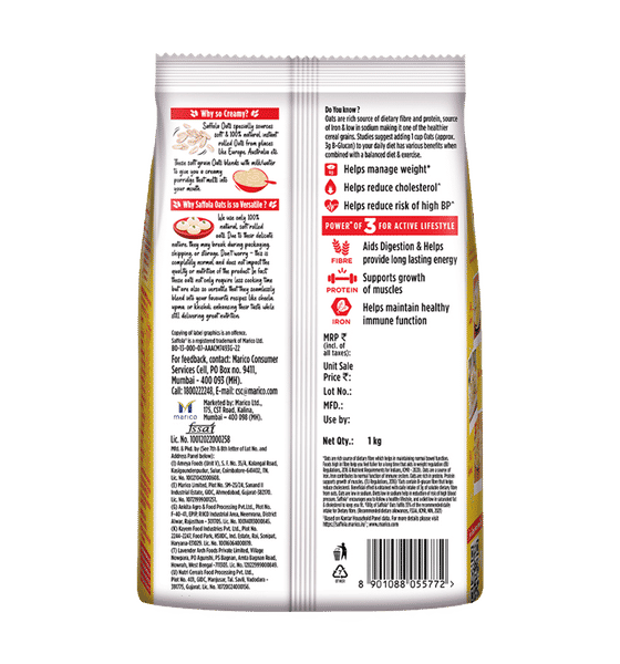 Saffola Oats | Delicious Creamy Oats | 100% Natural | High Protein & Fibre | Healthy Cereal 1 kg